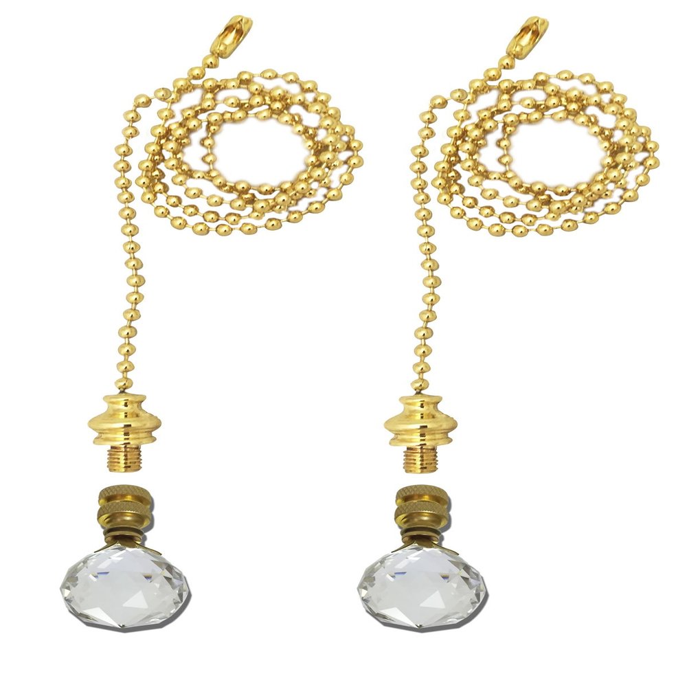 Royal Designs Celling Fan Pull Chain Beaded Ball Extension Chains with Decorative Medium Faceted Diamond Cut Crystal, Polished Brass, Set of 2