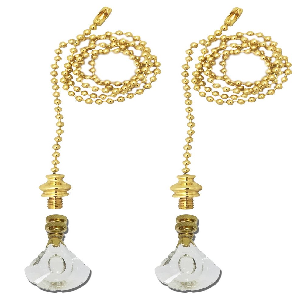 Royal Designs Celling Fan Pull Chain Extension with Designer Cut Crystal Finial, Polished Brass, Set of 2