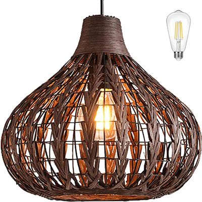 Bamboo Chandelier Handwoven Rattan Pendant Light Wicker Lamp Shade Ceiling Light Fixture Weave Hanging Light D13.8INCH, 12W 2700K Corn Bulb Included