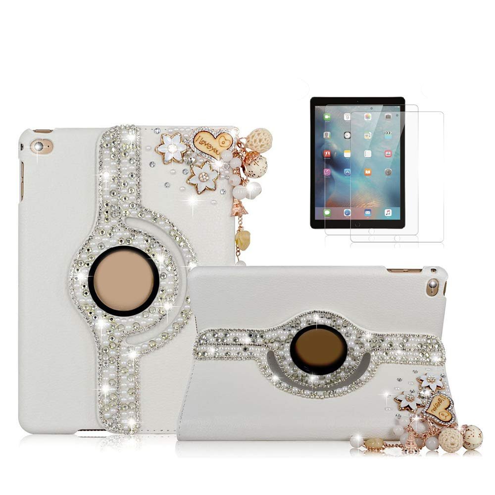 STENES Bling Case Compatible with iPad Mini 3/2/1 Case - 3D Handmade Crystal Heart Pendant Flowers Floral 360 Degree Rotating Stand With Smart Cover Auto Sleep/Wake - Gold