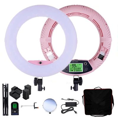 Yidoblo Dimmable Bi-Color LED Ring Light FE-480II for Portrait Selfie YouTube Photo Video Studio Makeup Lighting with Remote, Tripod, Mirror, Phone Holder, Batteries, Chargers and Carrying Case Pink