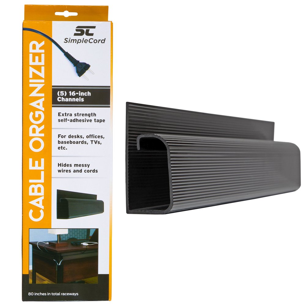 Cable Management Kit - 10-Pack 16-Inch J Channel Wire Organizers for Cords - Easy to Install Cord Hider Kit for Desk, Office, and Kitchen Use - Cable Management Under Desk by Simple Cord (Black)