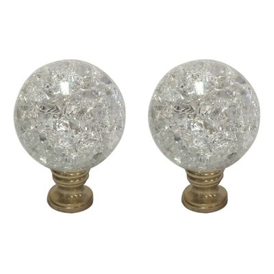 Royal Designs Large Clear Ball with Crackle Texture K9 Crystal 1.75" Lamp Finial for Lamp Shade, Polished Brass Base - Set of 2