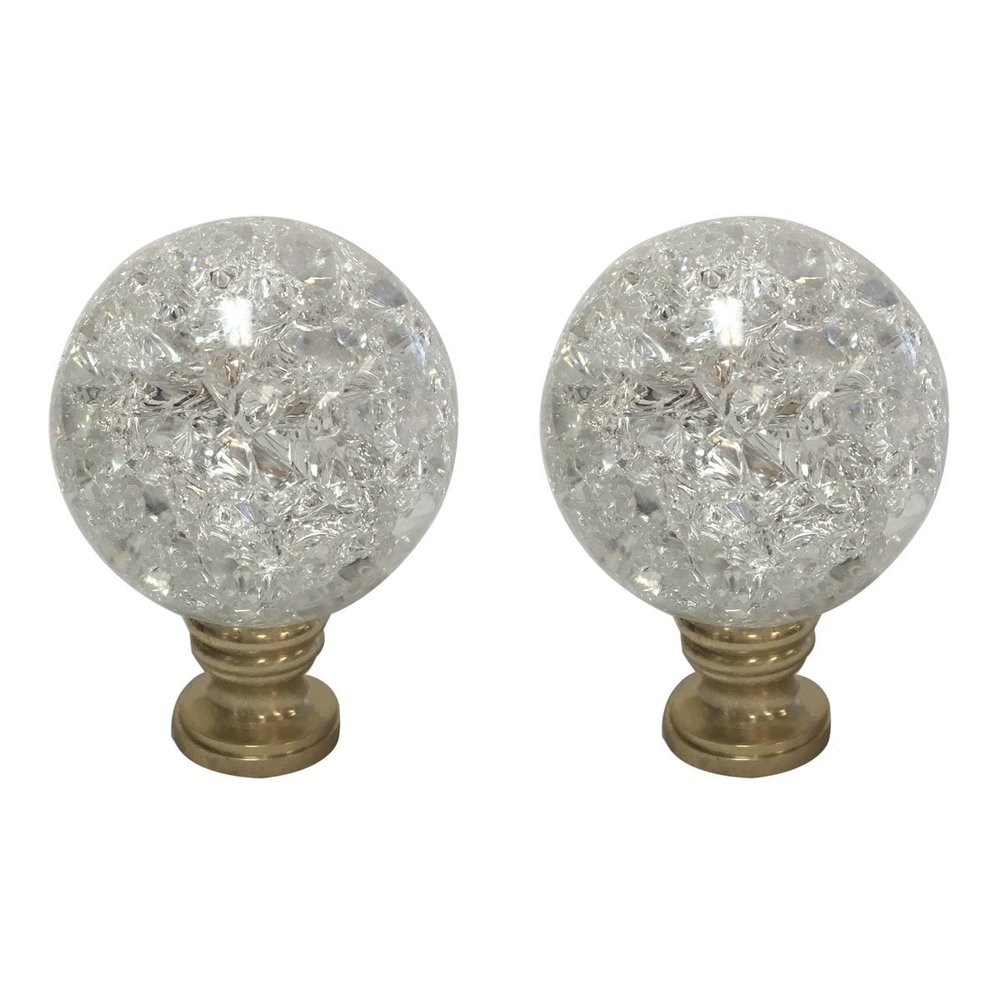 Royal Designs Large Clear Ball with Crackle Texture K9 Crystal 1.75" Lamp Finial for Lamp Shade, Polished Brass Base - Set of 2