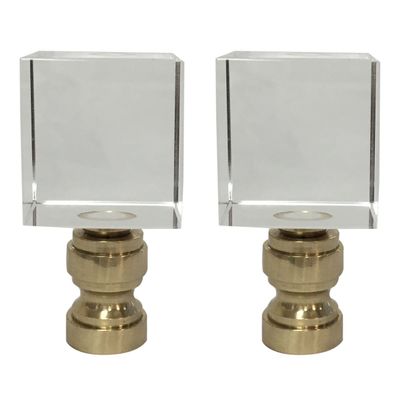 Royal Designs Clear Cube K9 Crystal Lamp Finial with Polished Brass Base - Set of 2