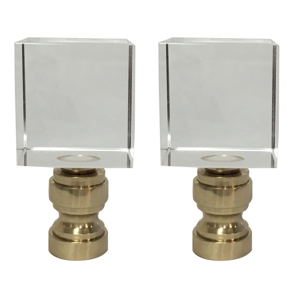 Royal Designs Clear Cube K9 Crystal Lamp Finial with Polished Brass Base - Set of 2