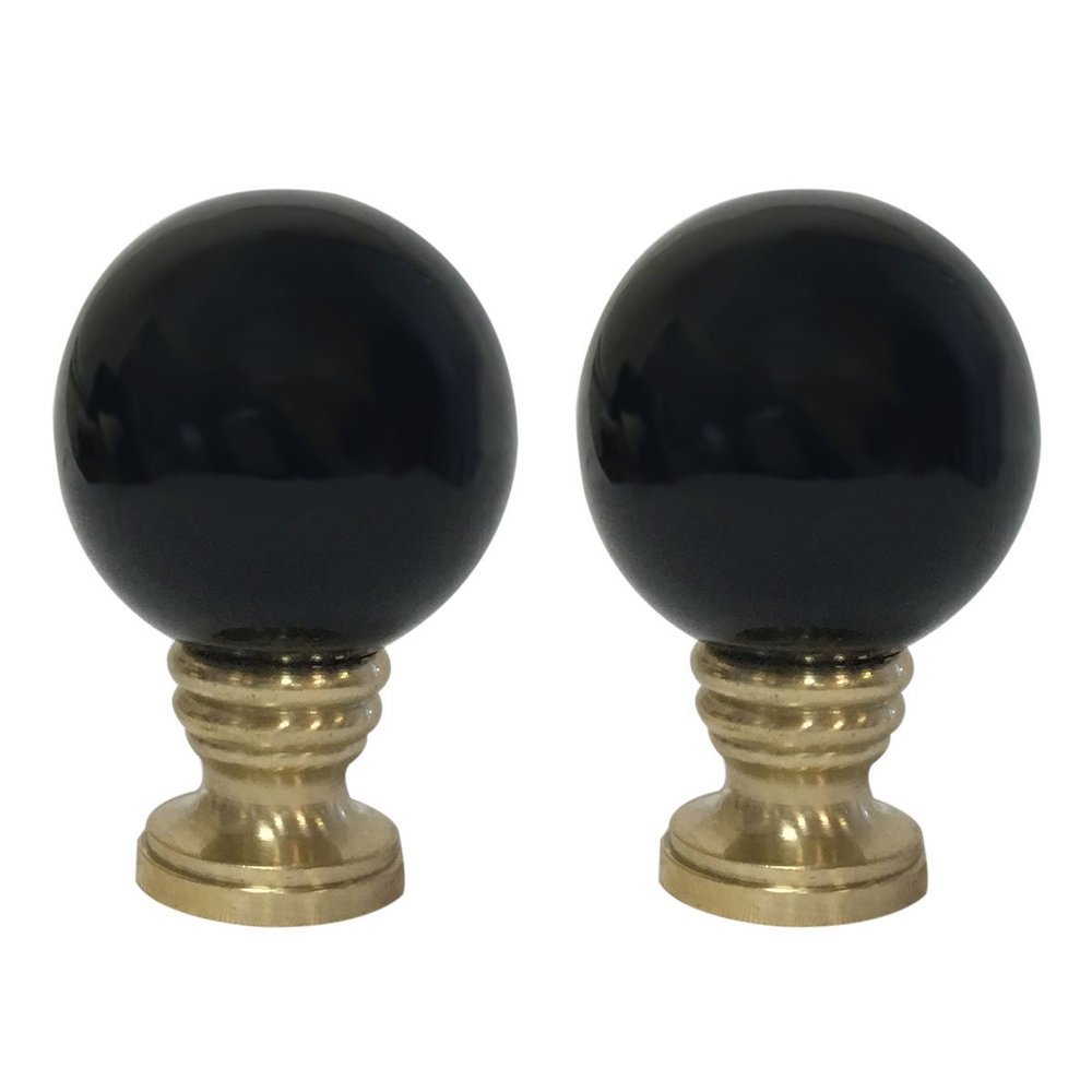 Royal Designs Ceramic Sphere 1.75" Lamp Finial for Lamp Shade, Black, Polished Brass Base - Set of 2
