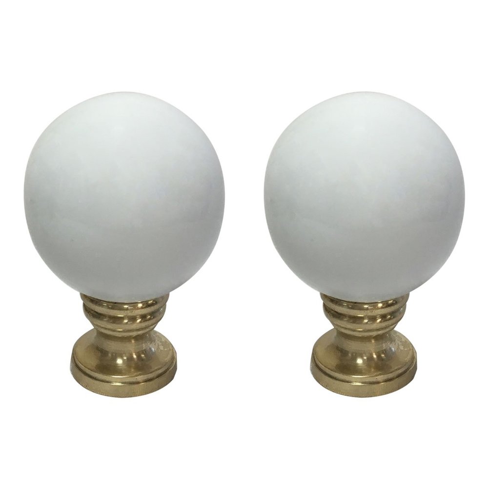 Royal Designs Ceramic Sphere 1.75" Lamp Finial for Lamp Shade, White, Polished Brass Base - Set of 2