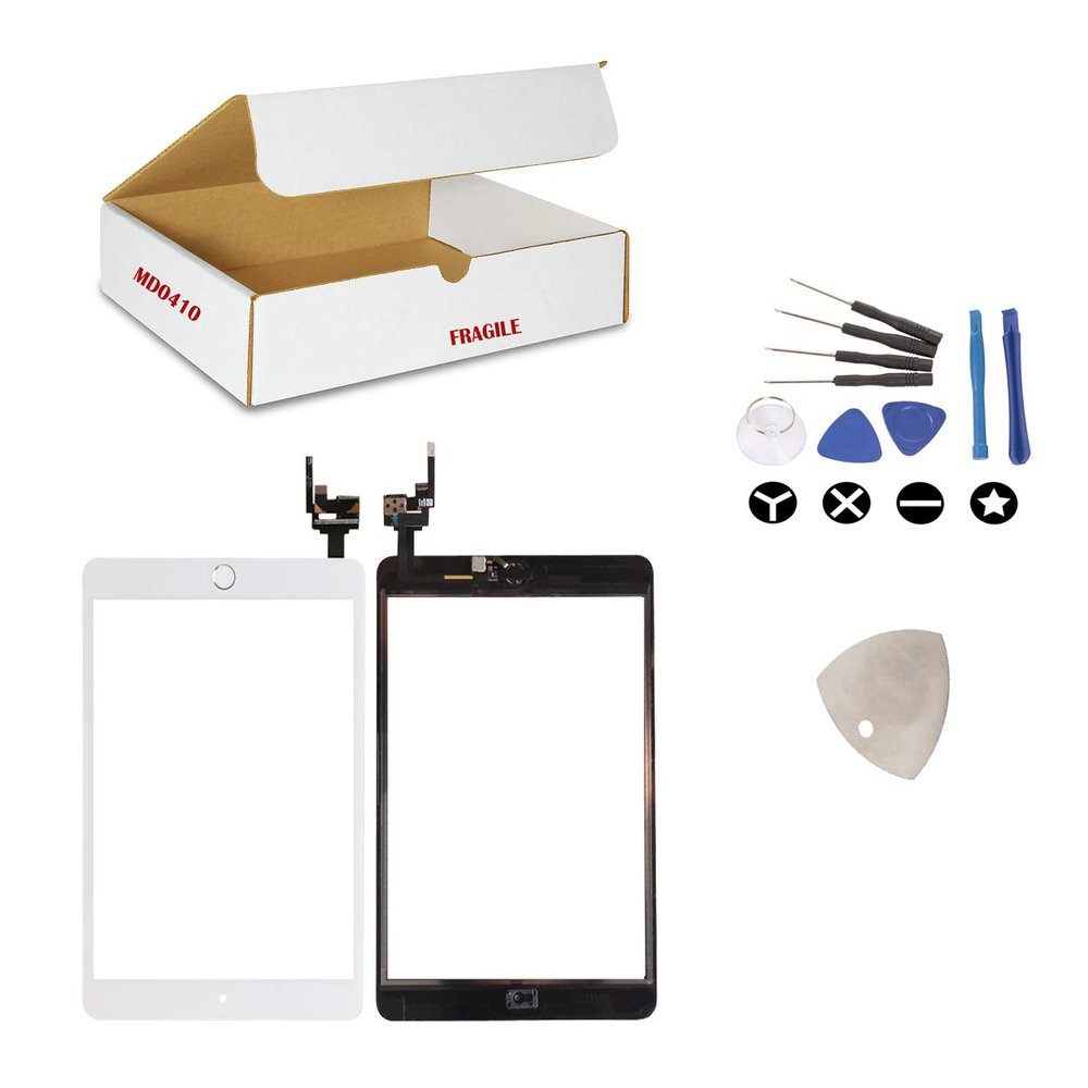 (md0410) Repair Kit Compatible with Ipad Mini 3 A1599 A1600 White Digitizer Glass Lens Touch Screen Full Complete Assembly with IC Chip Replacement (Camera Holder, Silver Home Button Flex)