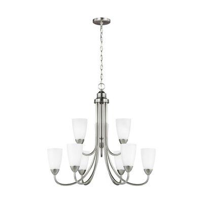 Generation Lighting 3120209-962 Transitional Nine Light Chandelier from Seagull - Seville Collection in Pewter, Nickel, Silver Finish, 75 Total Watts, 27.12 Inch Height