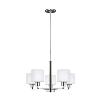 Generation Lighting 3128805-962 Five Light Chandelier, Brushed Nickel, 500 Total Watts, 14.5 Inch Height, 23.88 Inch Diameter, Steel Construction, Etched/White Inside Glass Shades