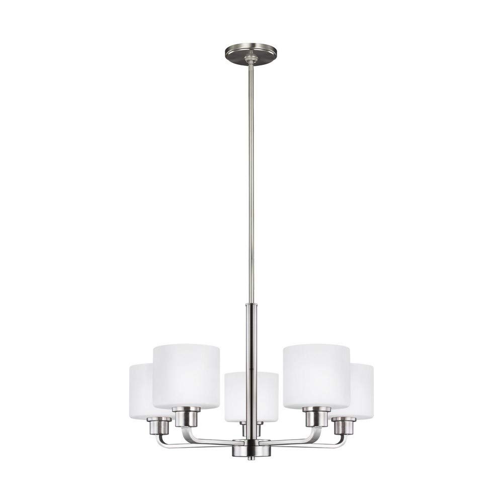 Generation Lighting 3128805-962 Five Light Chandelier, Brushed Nickel, 500 Total Watts, 14.5 Inch Height, 23.88 Inch Diameter, Steel Construction, Etched/White Inside Glass Shades