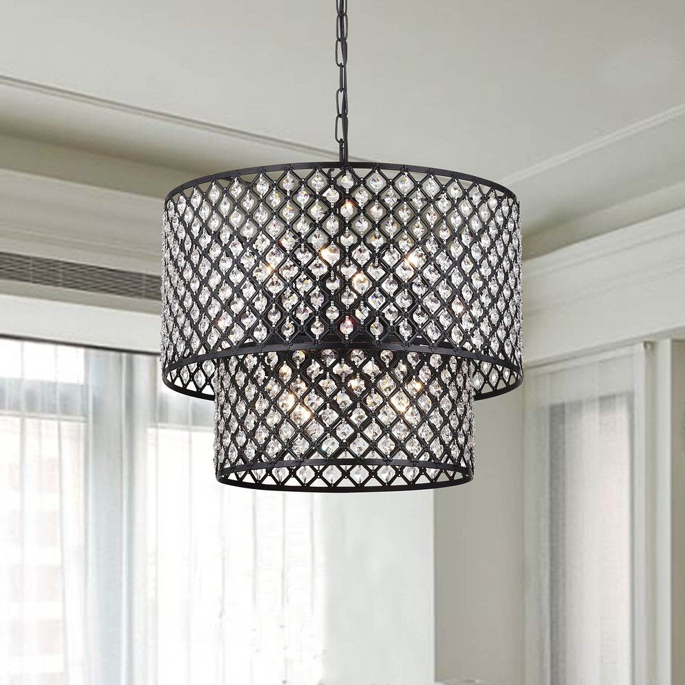 USUT Antique Bronze 8-Light Double Round Crystal Chandelier