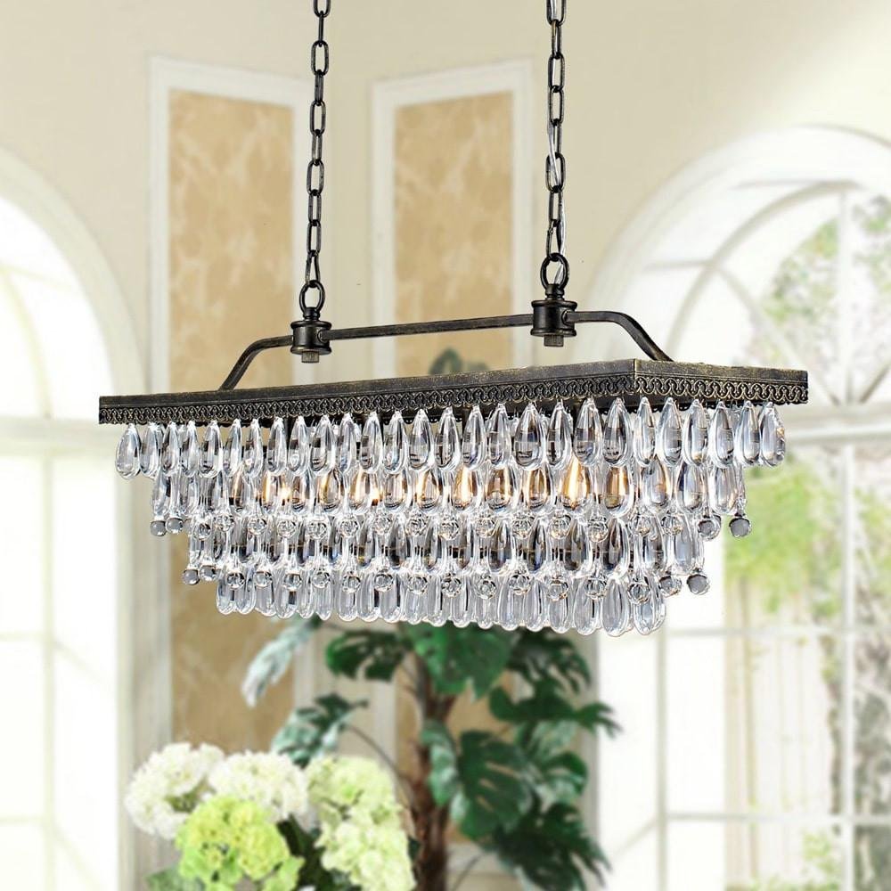 USUT Antique Copper 4-Light Rectangular Crystal Chandelier