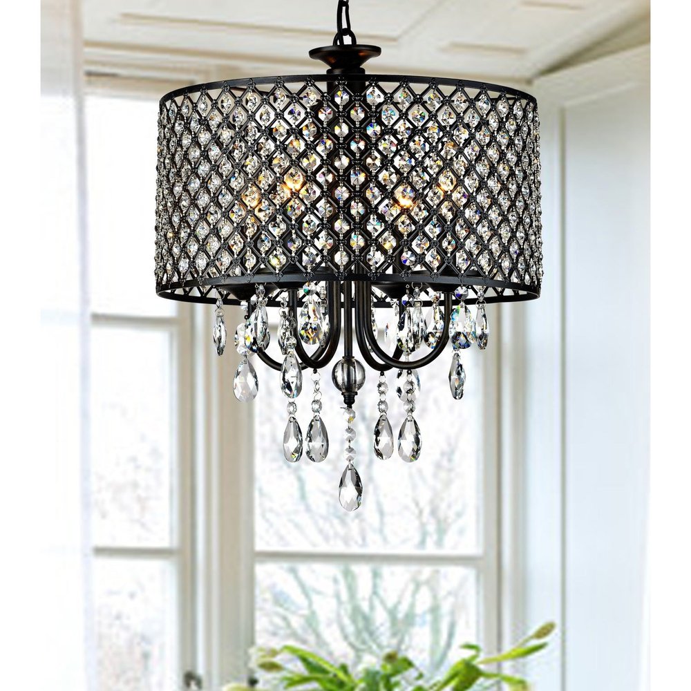 USUT Antique Black 4-Light Round Crystal Chandelier