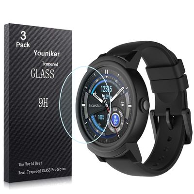 Youniker 3 Pack Ticwatch E Screen Protector Tempered Glass, Ticwatch S Smart Watch Screen Protector Foils Glass 9H Hardness 0.3MM Slim, Anti-Scratch, Anti-Fingerprint, Bubble Free