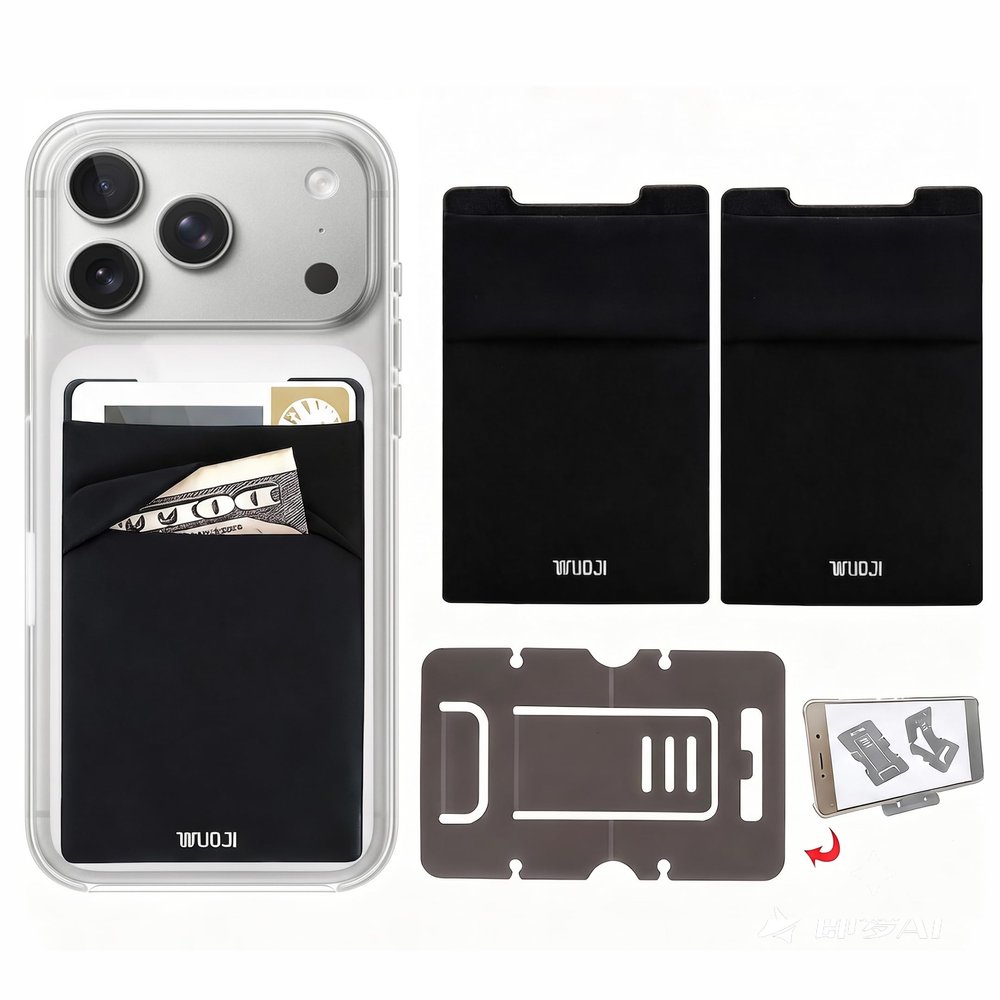 WUOJI RFID Blocking Phone Card Wallet - Double Secure Pocket - Ultra-Slim Self Adhesive Credit Card Holder Card Sleeves Phone Wallet Sticker All Smartphones(Black)-2PC