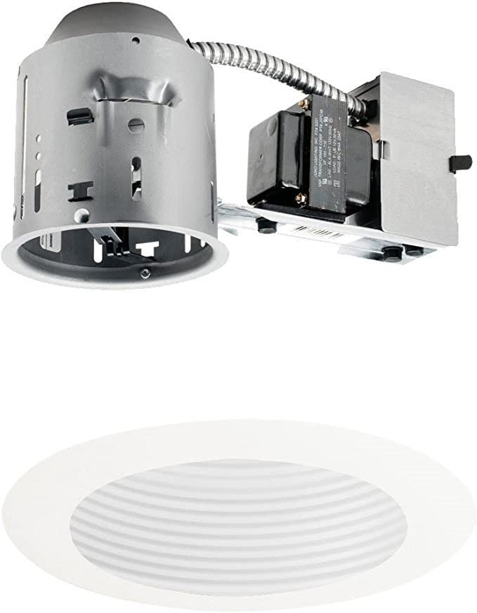 Juno Lighting TC44R & 444W-WH Combo 4-Inch Low-Voltage TC rated Remodel Recessed Housing with Adjustable/Downlight Baffle Trim, White