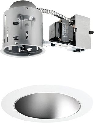 Juno Lighting TC44R & 447HZ-WH Combo 4-Inch Low-Voltage TC rated Remodel Recessed Housing with Adjustable/Downlight Haze Finish Cone Reflector, White Trim Ring