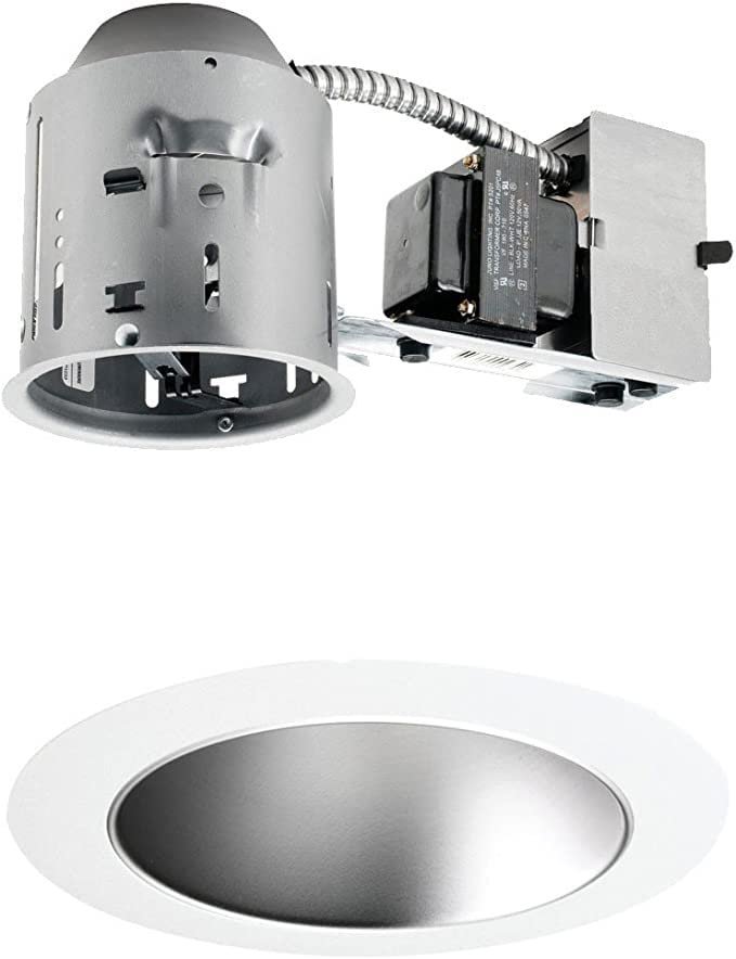 Juno Lighting TC44R & 447HZ-WH Combo 4-Inch Low-Voltage TC rated Remodel Recessed Housing with Adjustable/Downlight Haze Finish Cone Reflector, White Trim Ring