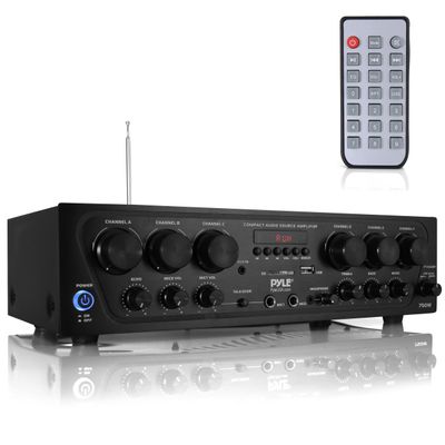 Pyle Wireless Bluetooth Karaoke Amplifier - 6 Channel 750W Power, Stereo Receiver Home Audio Amplifier w/USB,AUX, Subwoofer Out, Headphone, 2 Mic Input w/Echo, Talk-Over For PA