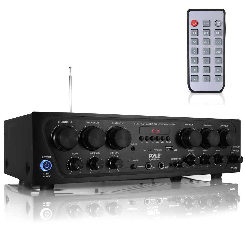 Pyle Wireless Bluetooth Karaoke Amplifier - 6 Channel 750W Power, Stereo Receiver Home Audio Amplifier w/USB,AUX, Subwoofer Out, Headphone, 2 Mic Input w/Echo, Talk-Over For PA