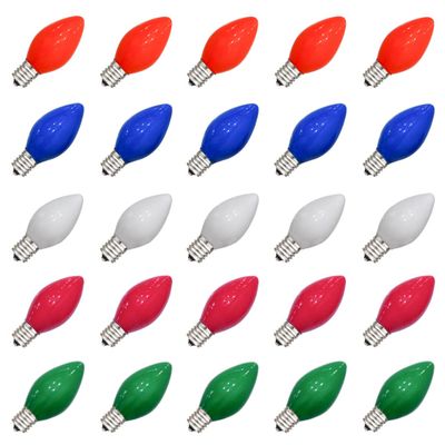 SUNSGNE 25 Pack C7 Multicolor Christmas Replacement Bulbs, Vintage Multicolor Ceramic Light Bulbs for C7 Christmas String Lights, E12/C7 Candelabra Base, 5 Watt