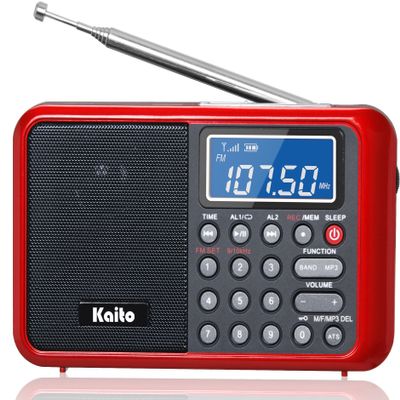 Kaito KA108 Super Sound Quality AM FM Shortwave Radio with MP3 Player and Recorder, Radio Time Schedule Recorder, Alarm Clock+ More (Red)