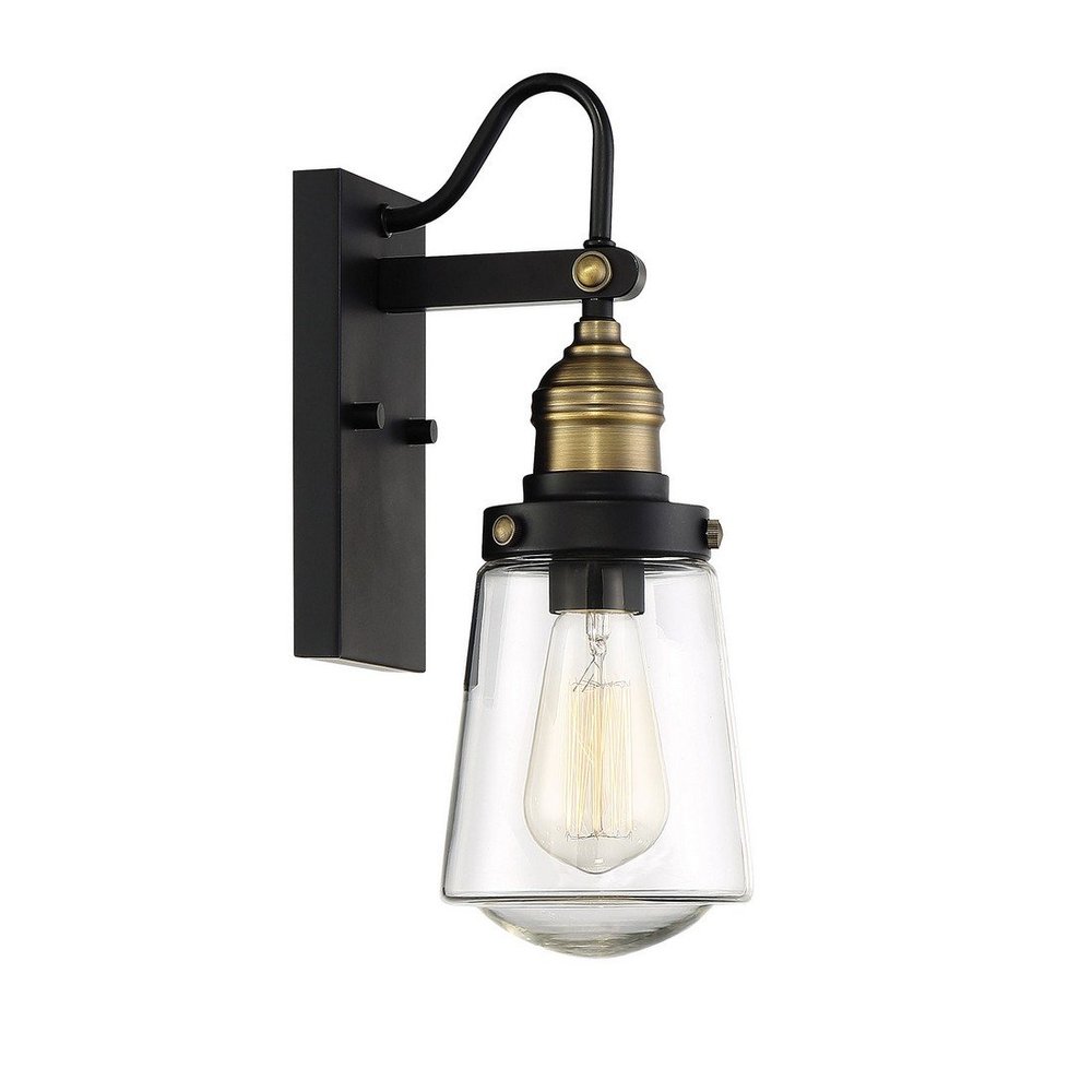 Savoy House 5-2067-51 Macauley Industrial Vintage Clear Glass Outdoor Wall Lantern, 1-Light 60 Watt, 21" H x 8" W, Vintage Black with Warm Brass