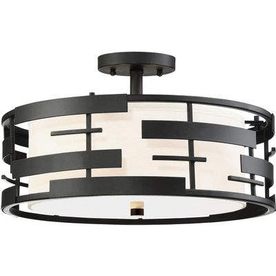 NUVO 60/6436 Lansing-3 Light Semi-Flush with White Shade & Opal, Fabric Shade and Opal Glass Diffuser