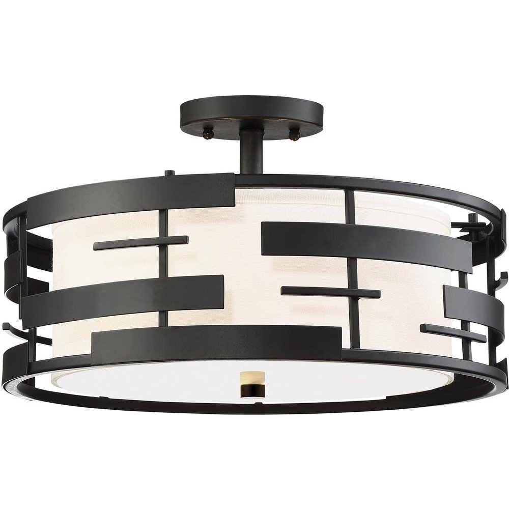 NUVO 60/6436 Lansing-3 Light Semi-Flush with White Shade & Opal, Fabric Shade and Opal Glass Diffuser
