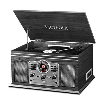 Victrola The Quincy 6-in-1 Bluetooth Record Player & Multimedia Center with Built-in Speakers  3-Speed Turntable, CD & Cassette Player, FM Radio, Wireless Music Streaming (Grey Wood)