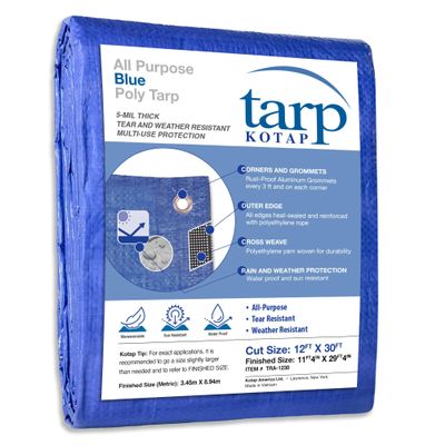 Kotap 12 x 30 Ft. All-Purpose Multi-Use Protection/Coverage 5-mil Poly Tarp, Waterproof, Blue, (TRA-1230)