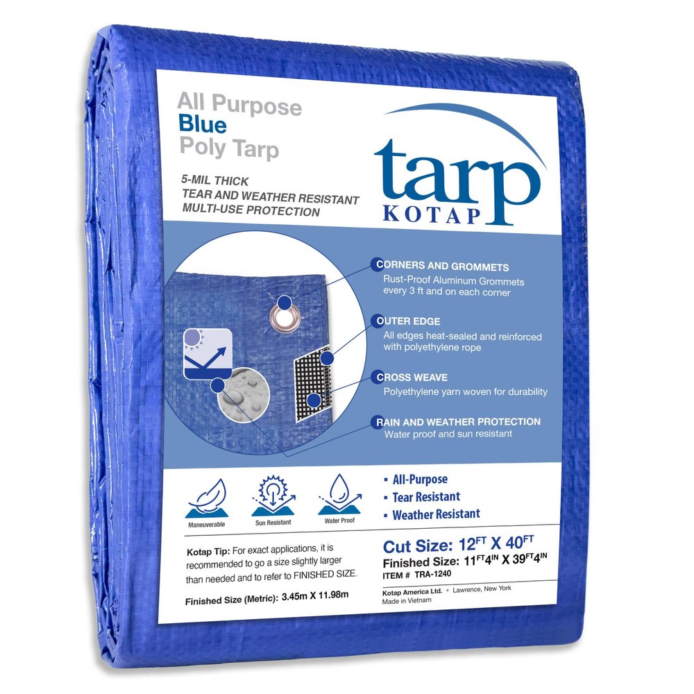 Kotap 12 x 40 Ft. All-Purpose Multi-Use Protection/Coverage 5-mil Poly Tarp, Waterproof, Blue, (TRA-1240)