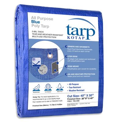 Kotap 40 x 50 Ft. All-Purpose Multi-Use Protection/Coverage 5-mil Poly Tarp, Waterproof, Blue, (TRA-4050)