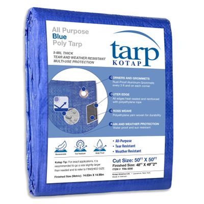 Kotap 50 x 50 Ft. All-Purpose Multi-Use Protection/Coverage 5-mil Poly Tarp, Waterproof, Blue, (TRA-5050)