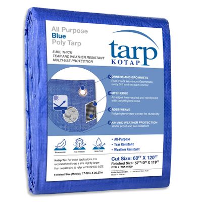 Kotap 60 x 120 Ft. All-Purpose Multi-Use Protection/Coverage 5-mil Poly Tarp, Waterproof, Blue, (TRA-60120)