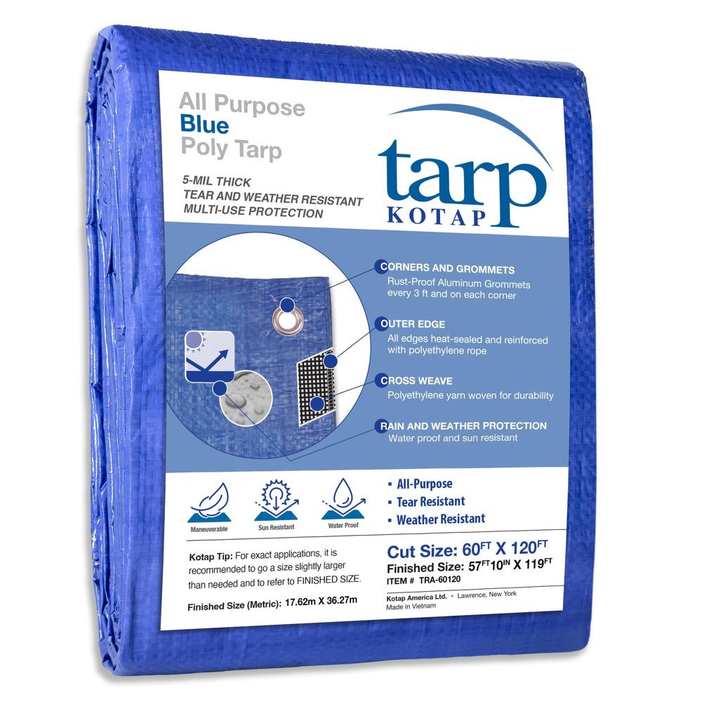 Kotap 60 x 120 Ft. All-Purpose Multi-Use Protection/Coverage 5-mil Poly Tarp, Waterproof, Blue, (TRA-60120)