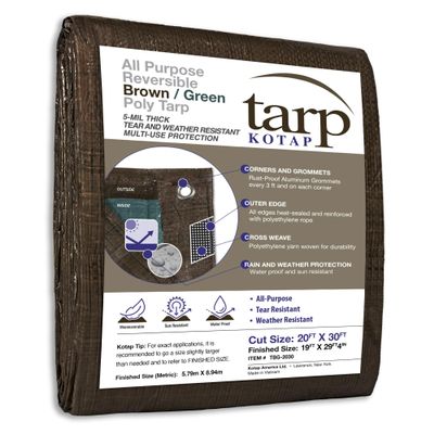 Kotap 20 x 30 Ft. All-Purpose Multi-Use Protection/Coverage 5-mil Poly Tarp, Reversible, Waterproof, Brown/Green, (TBG-2030)