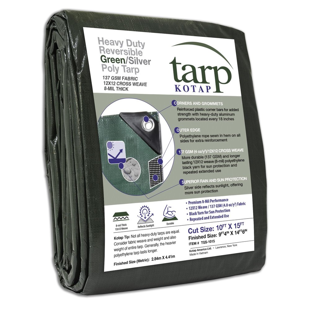 Kotap 10 x 15 Ft. Heavy-Duty Protection/Coverage Tarp, 8-mil, Reversible, Multi-Use, Waterproof, Green-Silver, (TGS-1015)