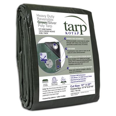Kotap 12 x 22 Ft. Heavy-Duty Protection/Coverage Tarp, 8-mil, Reversible, Multi-Use, Waterproof, Green-Silver, (TGS-1222)