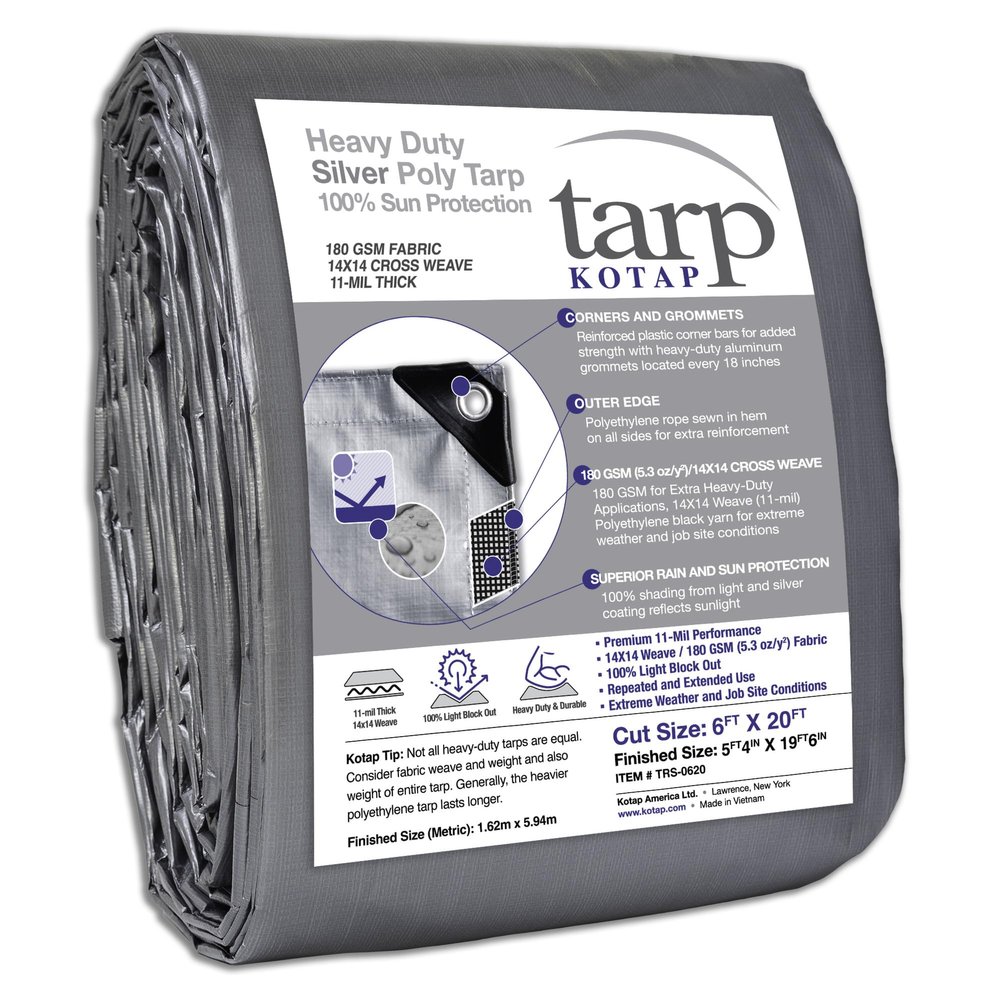 KOTAP 6x20 ft Heavy-Duty Silver Tarp Cover, 11-mil, Waterproof TRS-0620