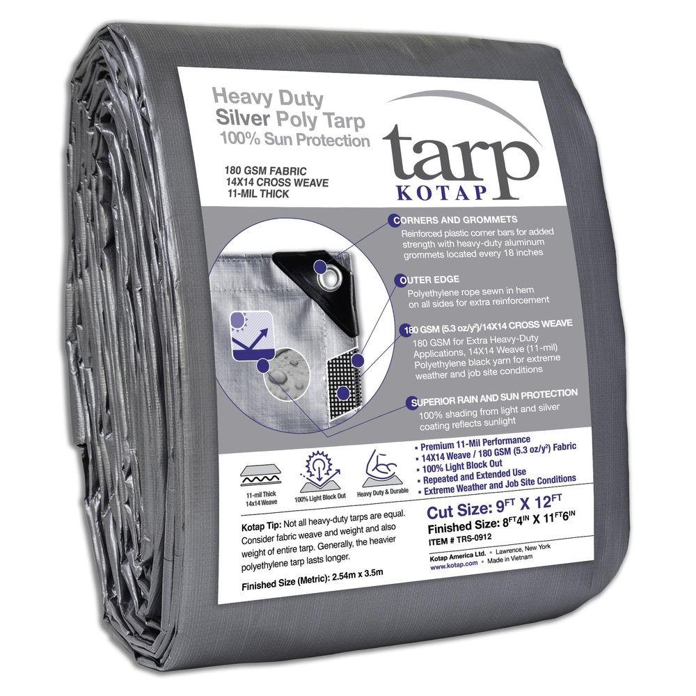 KOTAP Heavy-Duty Protection/Coverage Tarp, 10-mil, Silver, Cut Size 9 ft. X 12 ft./Finished Size 8 ft. 4 in. X 11 ft. 6 in., TRS-0912, Multi-Use, Waterproof