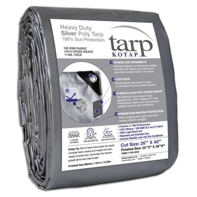 Kotap 26 x 40 Ft. Heavy-Duty Protection/Coverage Tarp, Superior Weave for Greater Longevity, 10-mil Multi-Use, Waterproof, TRS-2640, Silver (1-Pack)