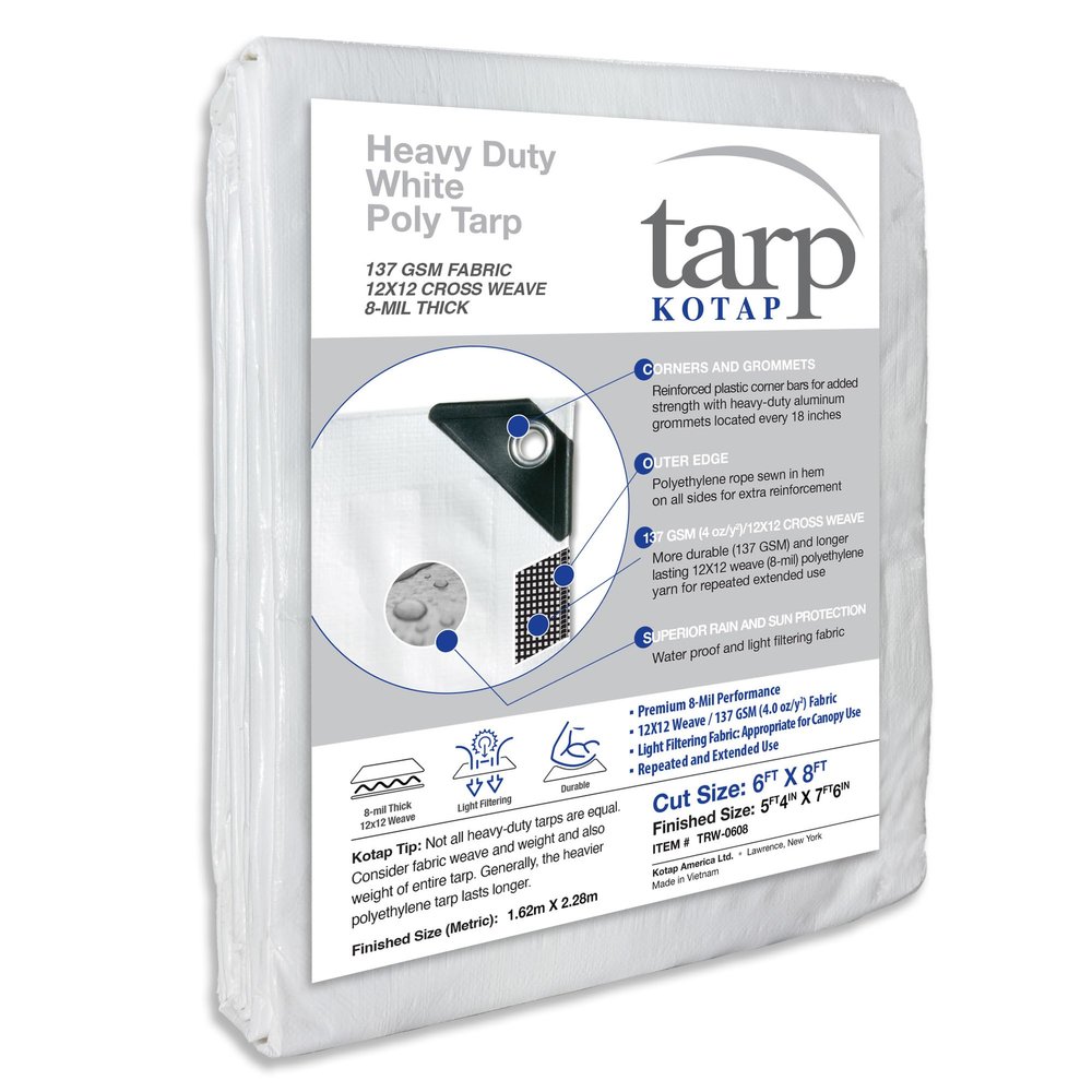 Kotap 6 x 8 Ft. Heavy-Duty Protection/Coverage Tarp, Superior Weave for Greater Longevity 8-mil, Multi-Use, Waterproof, White, 1-Pack (TRW-0608)