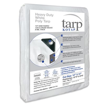 Kotap 14 x 14 Ft. Heavy-Duty Protection/Coverage Tarp, Superior Weave for Greater Longevity 8-mil, Multi-Use, Waterproof, White, 1-Pack (TRW-1414)
