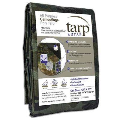 Kotap 12 x 16 Ft. All-Purpose Multi-Use 7-mil Poly Tarp, Camouflage, Multi-Use, Waterproof, Green/Black, (TCM-1216)
