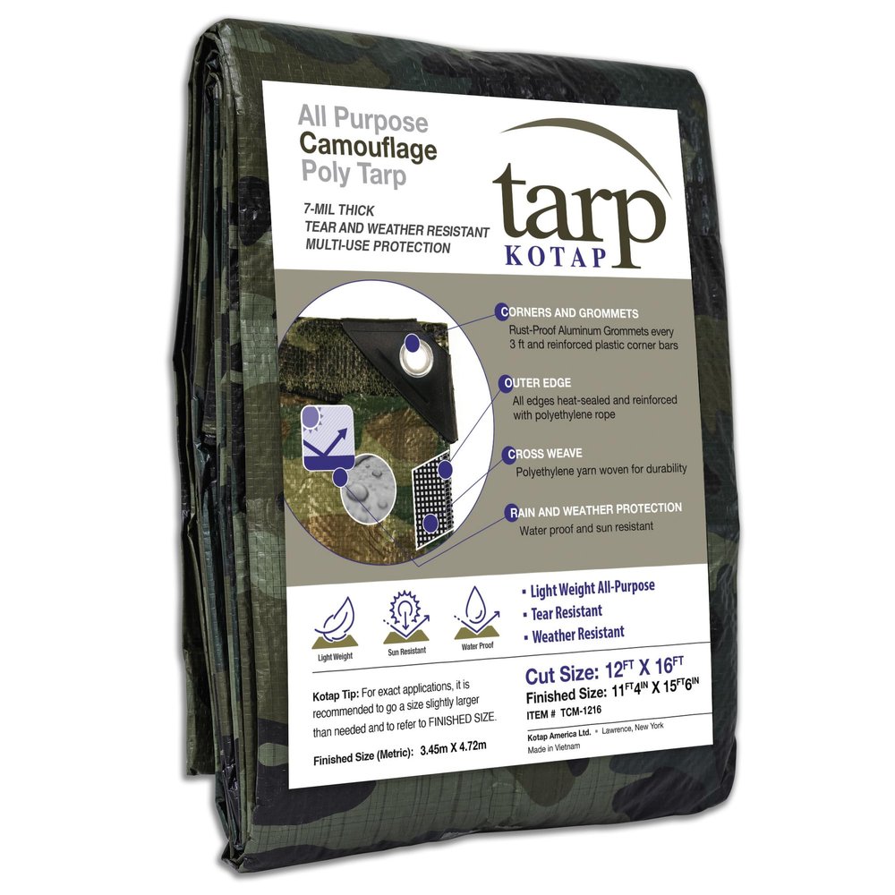 Kotap 12 x 16 Ft. All-Purpose Multi-Use 7-mil Poly Tarp, Camouflage, Multi-Use, Waterproof, Green/Black, (TCM-1216)