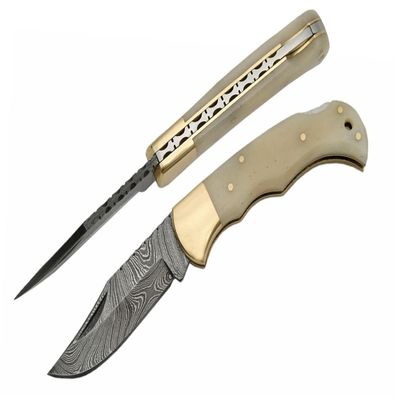 Plain Bolster Damascus Steel Blade | Bone Handle 3.75 inch Edc Pocket Folding Knife