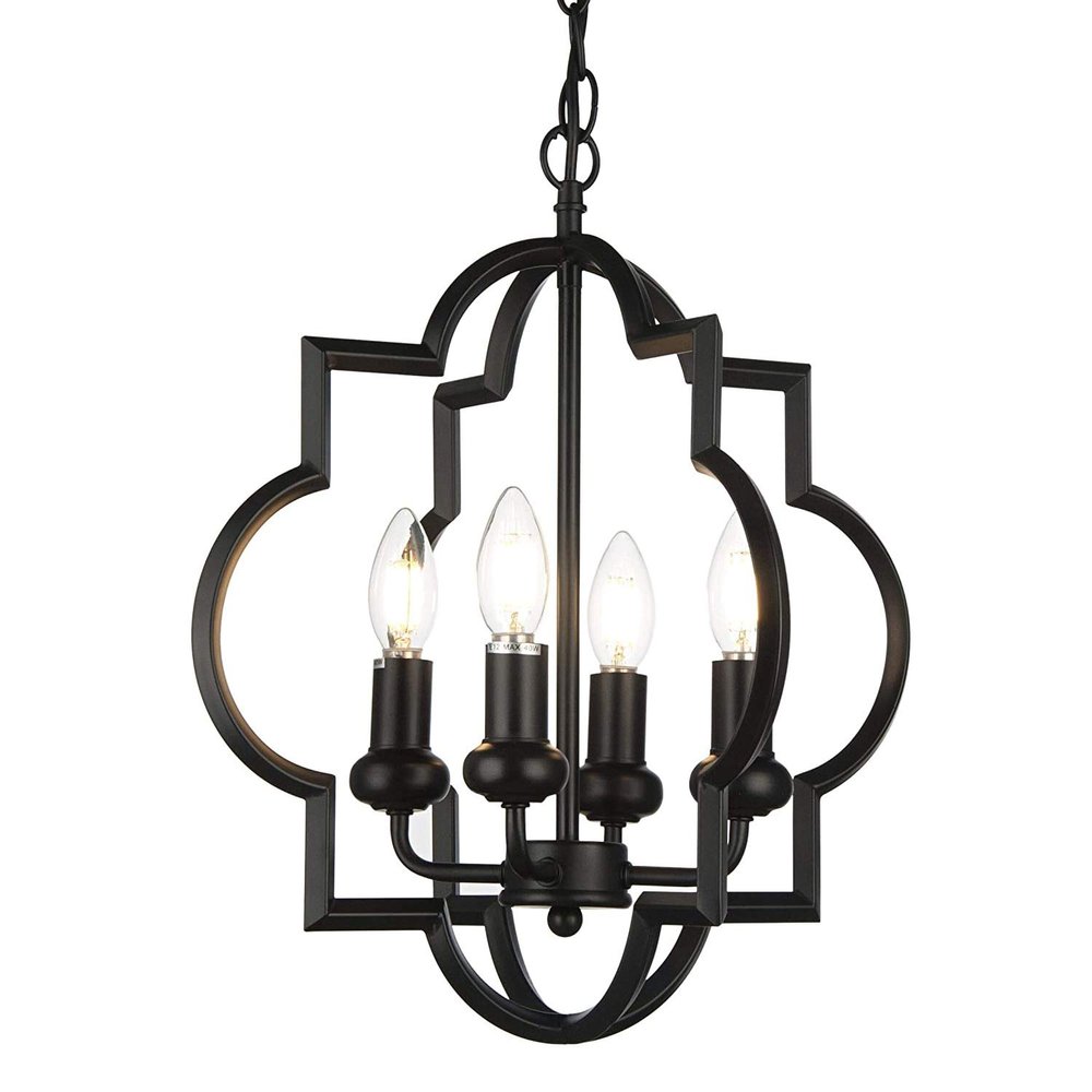 riomasee Black Foyer Chandelier (4-Light,15.8 x 18.1),Lantern Farmhouse Pendant Light Fixtures for Dining Room,Living Room,Kitchen Island
